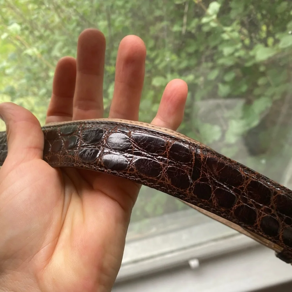 De Vecchi Brown Crocodile Leather Belt with Brass Buckle made in Italy
